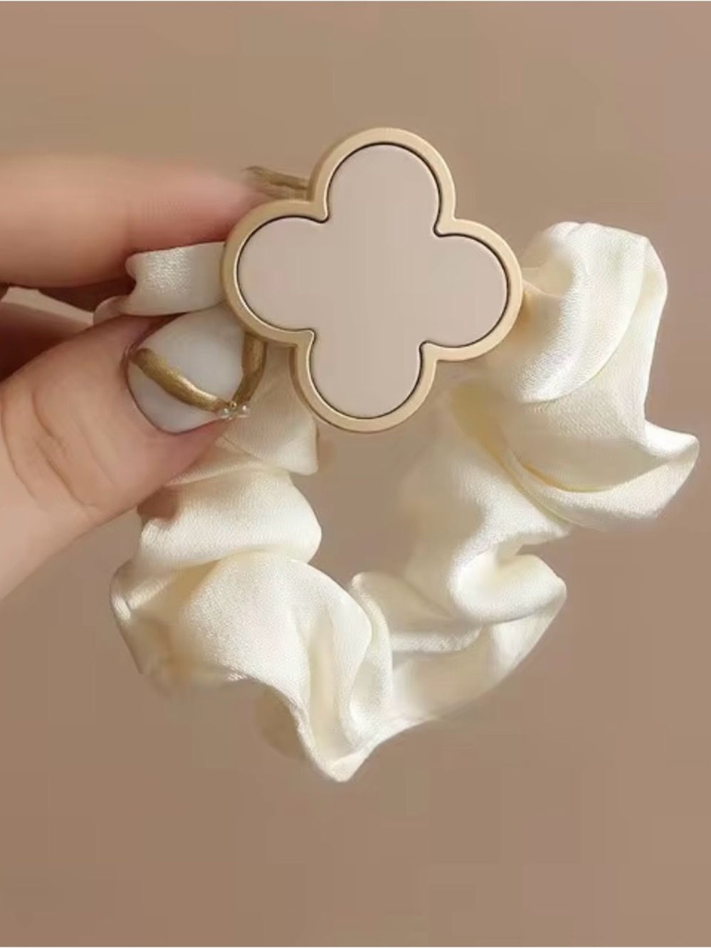 Macy's Cream Silk Scrunchie with Gold Clover Accent